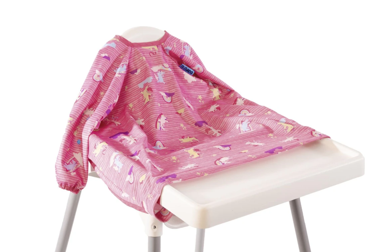 Bibado: Highchair Coverall Bib with Long Sleeves - Pink Unicorn